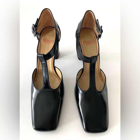 Charles Jourdan Paris T-strap black leather block heel pump. Size 8. Never worn. - Picture 2 of 10